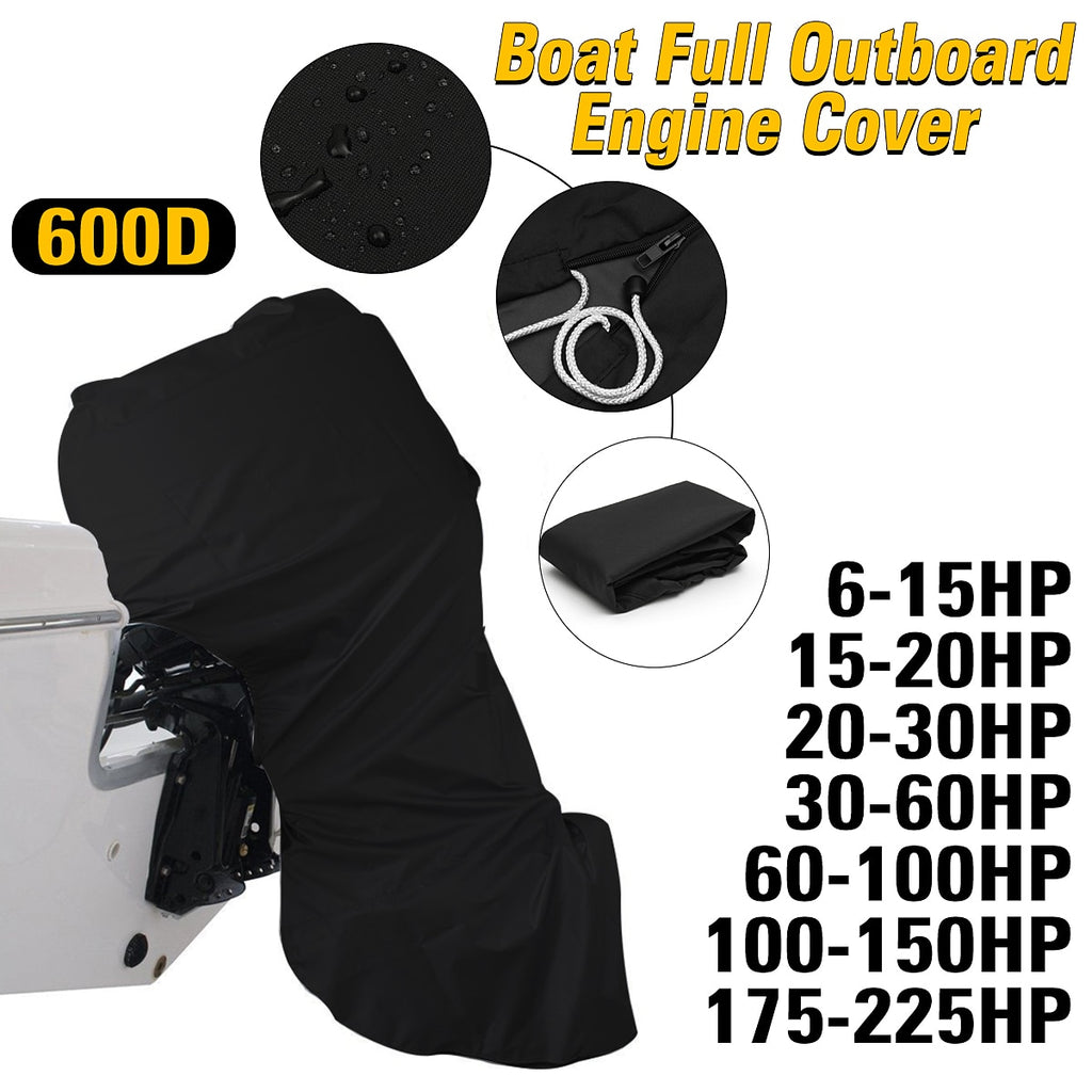 600D 6-225HP Boat Full Motor Cover Outboard Engine Protector for 6-225HP Boat Motors Black Waterproof